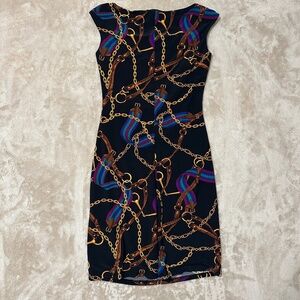 Lauren Ralph Lauren Dress Womens 10 Black Equestrian Chain Print Sheath Ruched